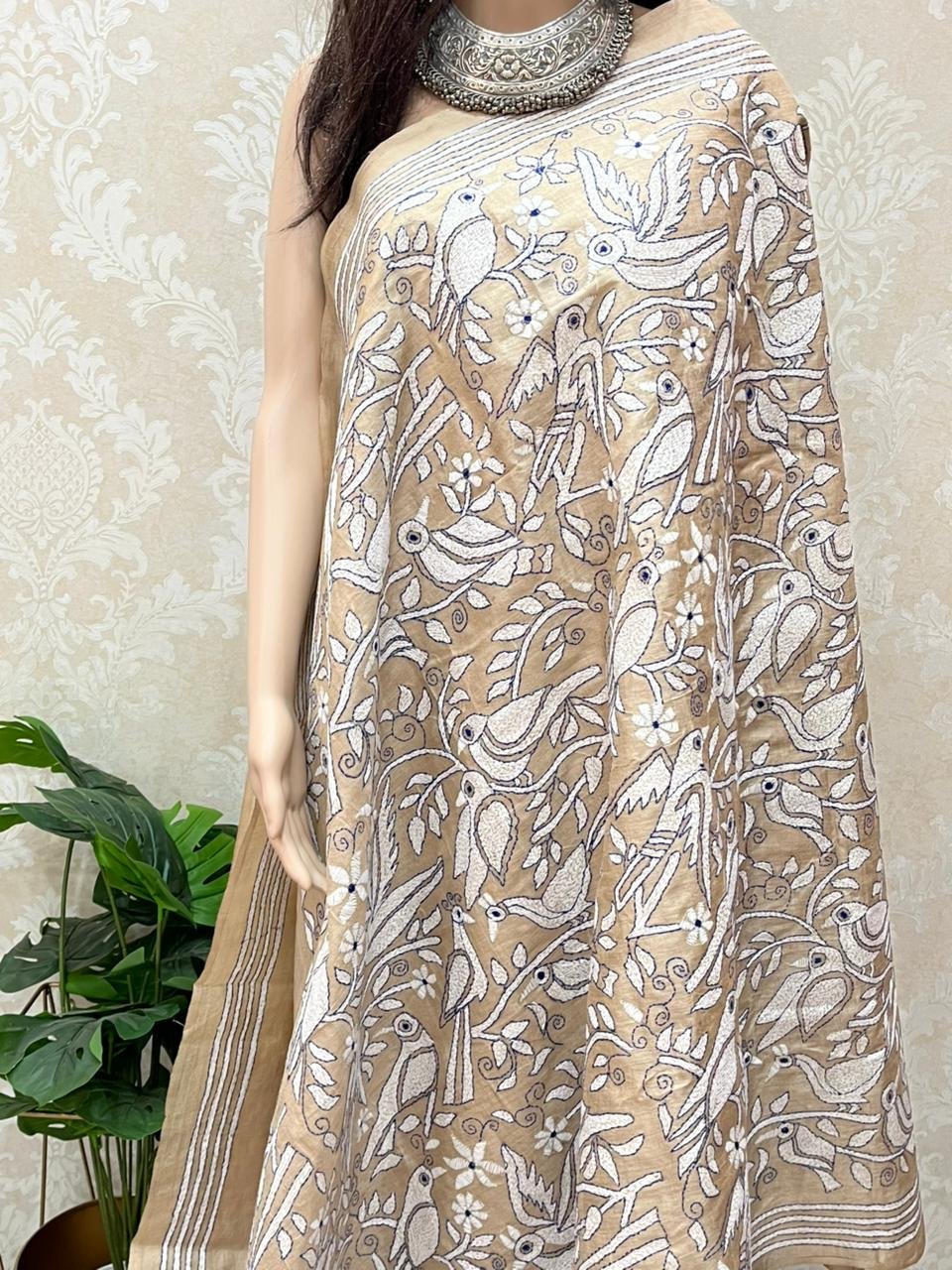 Bird Tussar Kantha Stitch