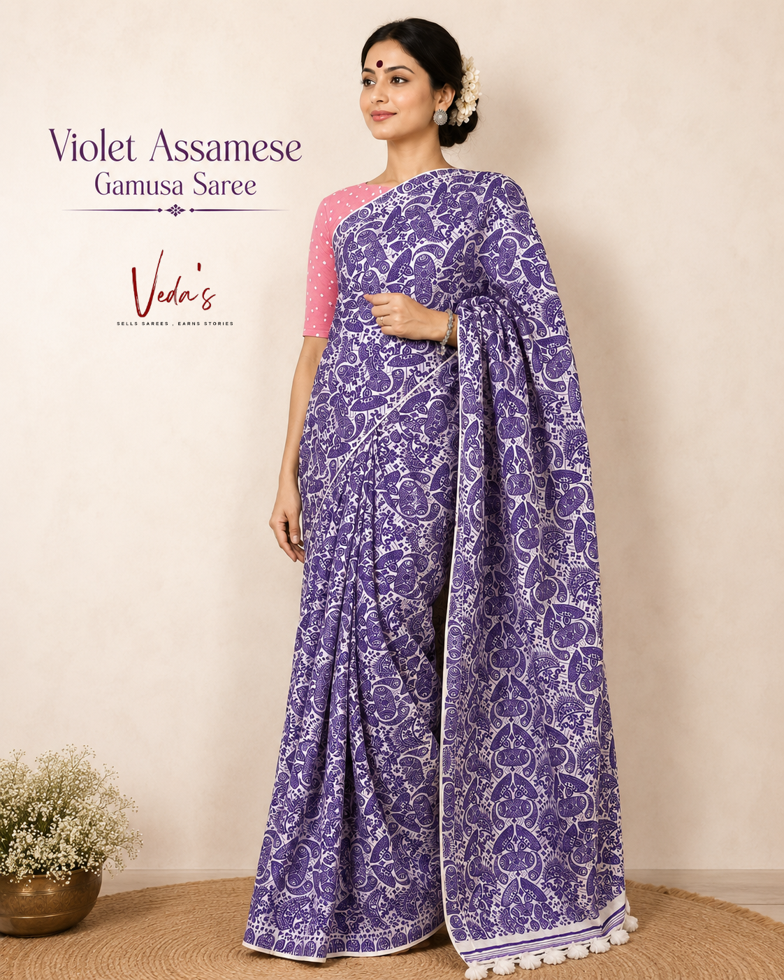Violet Assamese Gamusa Saree