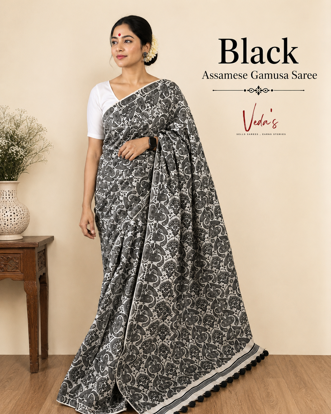 Black Assamese Gamusa Saree