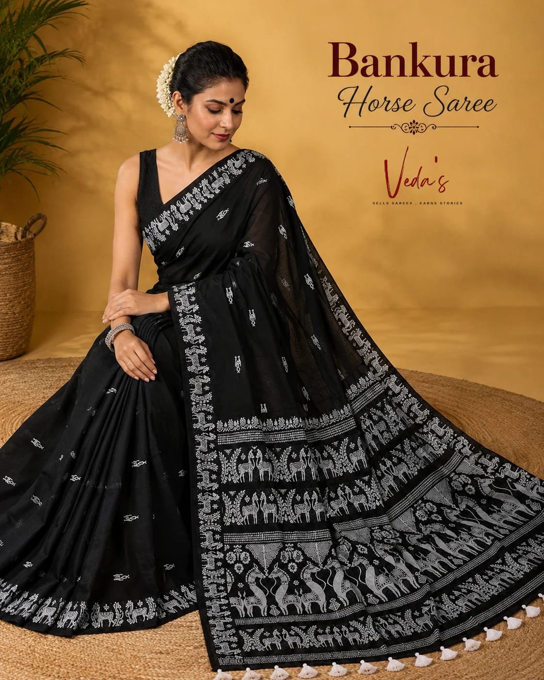 Black Bankura Horse Motif Saree