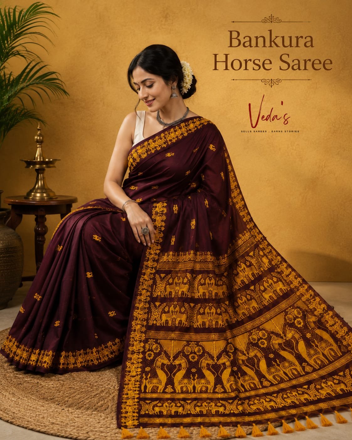 Coffee & Dark Yellow Bankura Horse Motif Saree