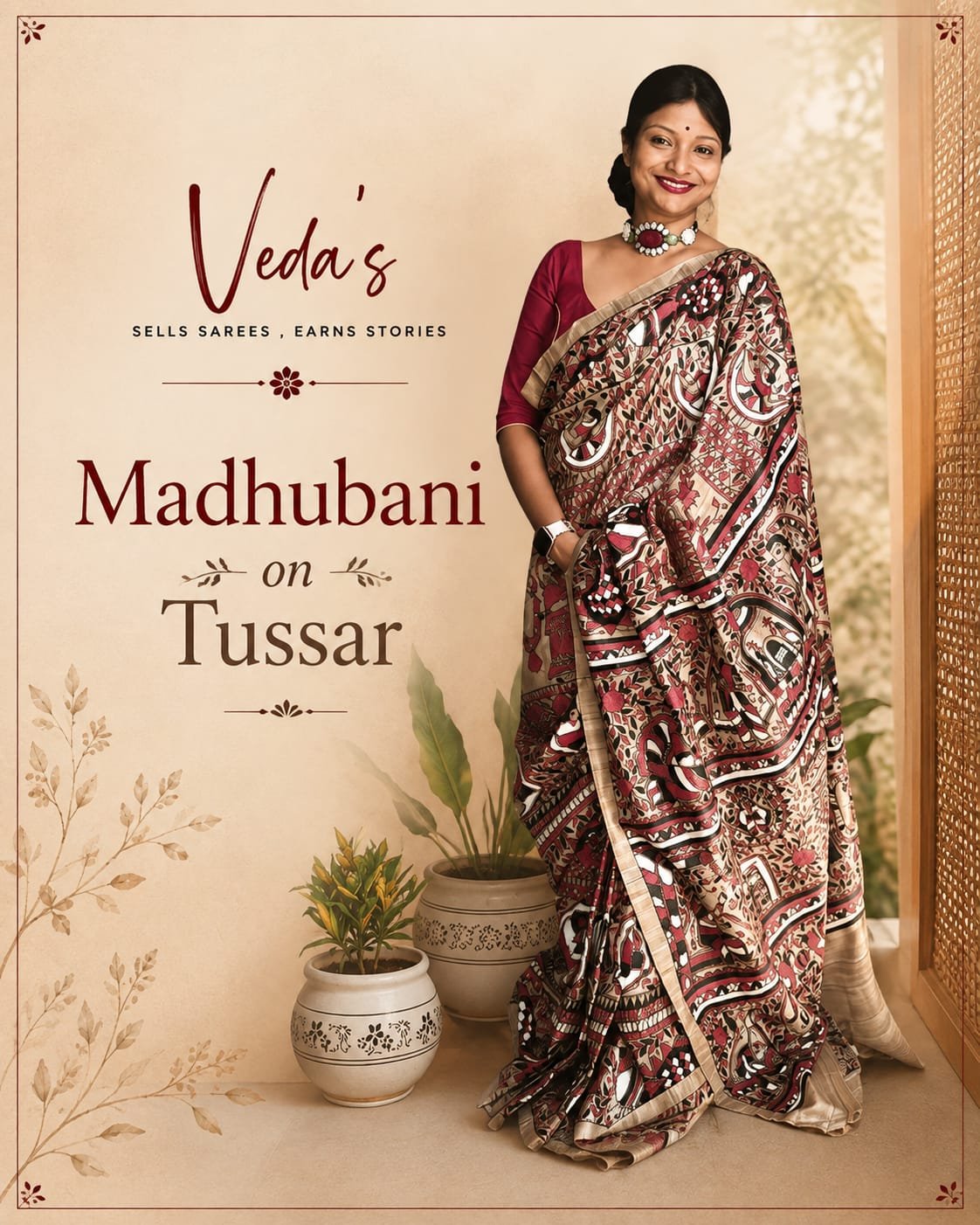 Madhubani Tussar - Maroon