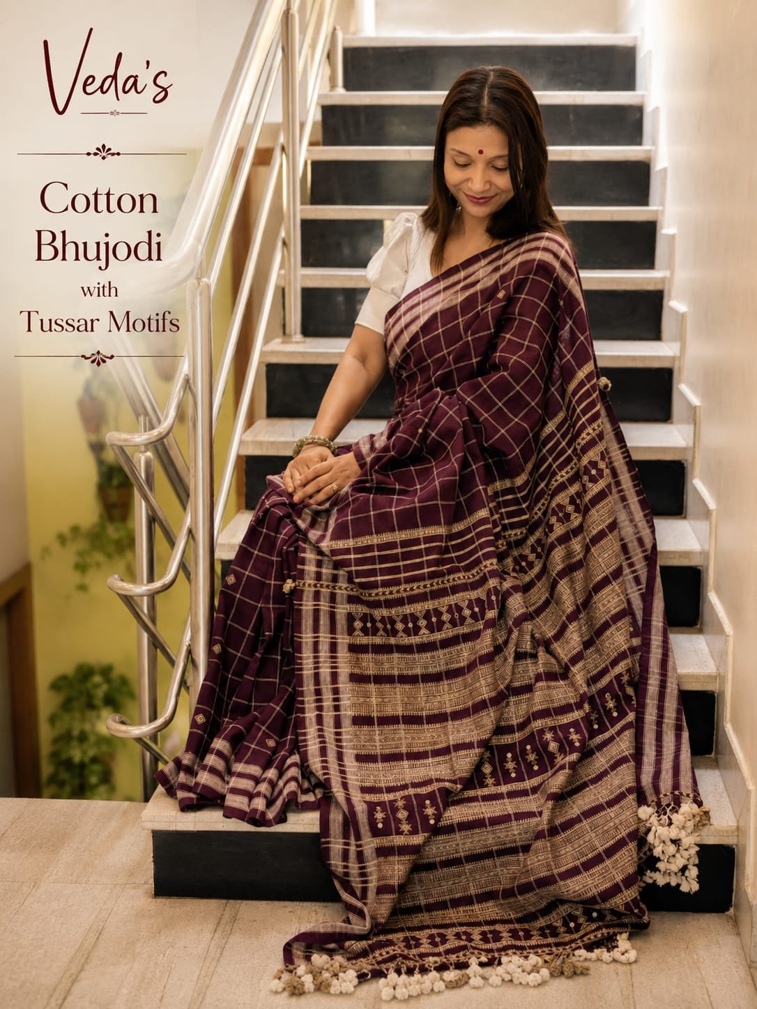 Wine Cotton Bhujodi with Tussar
